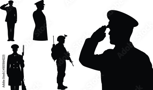 Silhouettes of various military personnel in different poses, including saluting and standing with a rifle, against a white background. AI Generative