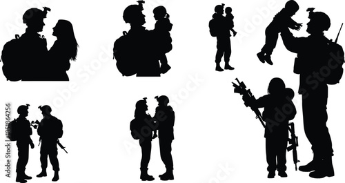 Collection of black silhouettes depicting soldiers interacting with their families, including partners and children in various tender and everyday moments. AI Generative