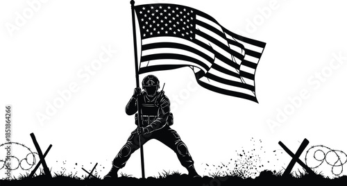 Silhouette of a soldier holding the American flag in a battlefield setting. AI Generative