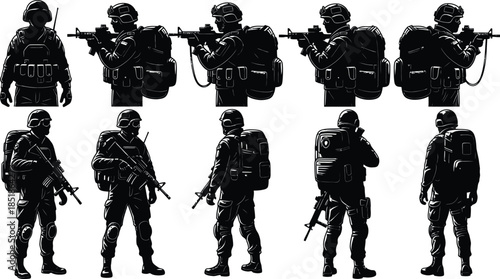 Silhouettes of ten armed soldiers in various tactical poses with gear and rifles. AI Generative