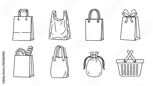 A collection of different types of shopping bags and a basket.