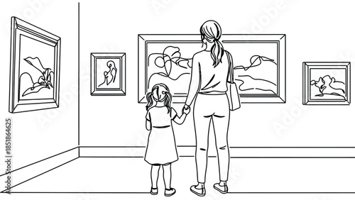 A mother and child hold hands while viewing art in a museum.