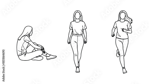 Woman in different poses: sitting, standing, and running.
