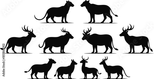 Silhouette of various antelope and deer species in a triangular formation on white background