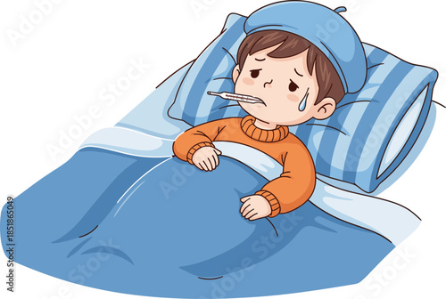 Sick Cartoon Boy Lying in Bed with Fever and Thermometer, Colorful Flat Vector Illustration for Kids Health Education, Medical Concepts, and Children Design