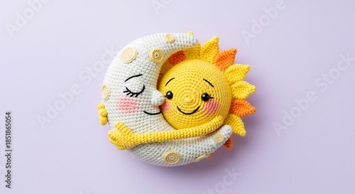 A crochet moon and sun hugging each other.