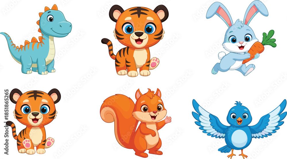 Obraz premium Cute Cartoon Baby Animals Collection Including Dinosaur Tiger Rabbit Squirrel and Bird, Colorful Vector Illustration Set for Kids Design and Fun Projects