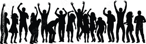 Celebrating crowd silhouettes dancing and cheering together, energetic people party scene, joyful teamwork concept, black vector illustration isolated on white background