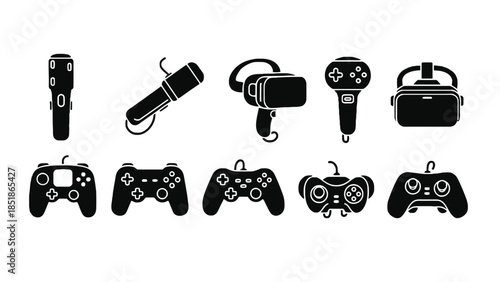 A collection of video game controllers and virtual reality headsets.