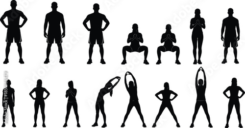 Fitness workout silhouettes of men and women performing squats, stretches, and standing poses, athletic training exercises isolated on white background