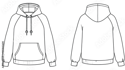 Front and back view of a hooded sweatshirt with a pocket.