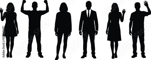 Men and women silhouettes expressing success and greeting gestures isolated on white background for business, lifestyle, and people concepts