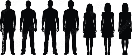 Men and women silhouettes standing in a row isolated on white background, human body proportions, gender comparison, and people diversity concept