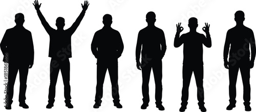 Men silhouettes expressing confidence and gestures isolated on white background, human body language, emotions, communication, lifestyle, and social interaction concept illustration