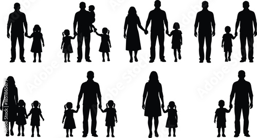 Parents and children silhouettes holding hands isolated on white background, representing family love, parenting, care, unity, and modern family life concept