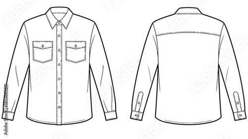 A flat technical drawing of a long-sleeved button-up shirt.