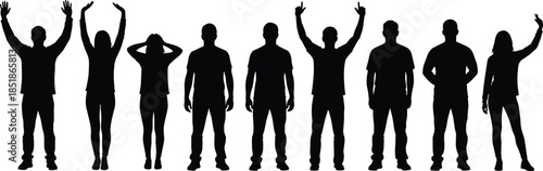 People silhouettes expressing emotions with raised arms and varied body language isolated on white background, celebration, stress, freedom, and lifestyle concepts