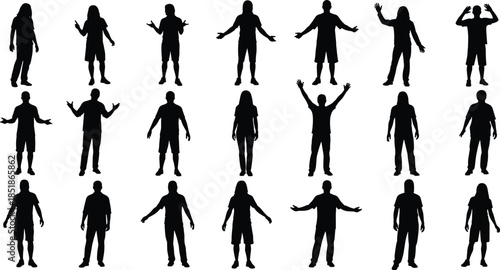 People silhouettes showing various body language gestures and emotions isolated on white background, human interaction, communication poses, and expressive lifestyle concept