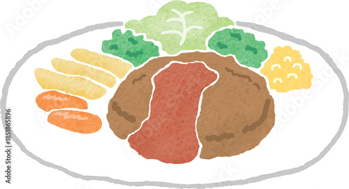 野菜やポテトが添えられた手描き風のハンバーグイラスト