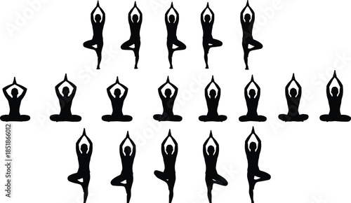 Yoga pose silhouettes set isolated on white background, meditation, balance, mindfulness, fitness practice, wellness routine, and healthy lifestyle concept illustration