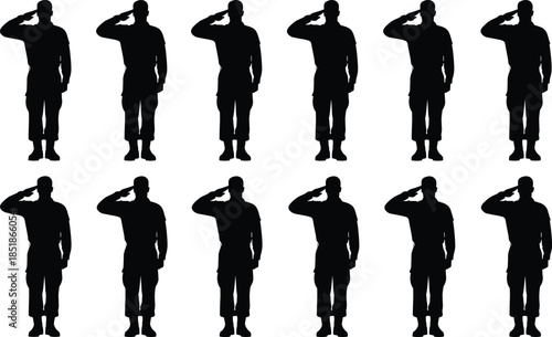 Soldier silhouettes saluting in military uniform isolated on white background, armed forces respect, discipline, patriotism, service duty, and national honor concept