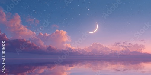 Beautiful pastel sunset seascape with fluffy pink clouds and celestial moon reflection.