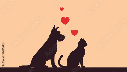 Adorable Love Between Dog and Cat Silhouettes with Hearts