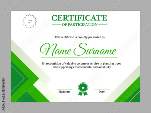 Green‑themed certificate with geometric green accents, highlighting volunteer service in environmental programs
