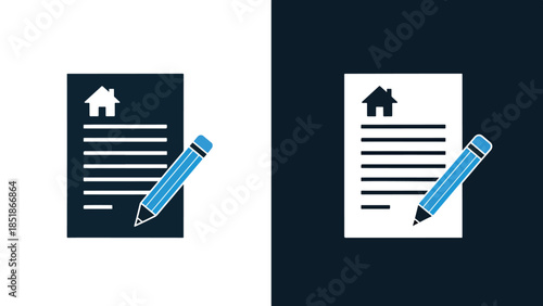Real estate contract icon set - Blue icon set - Solid icons vector collection - Vector icon set - Line and glyph solid icon set - Icon vector - Flat Design Icon