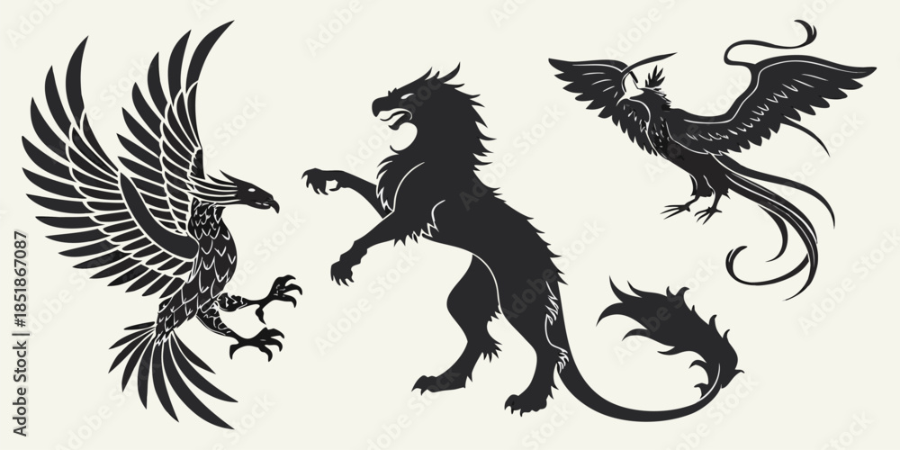 Obraz premium Collection of heraldic mythical creature silhouettes including a griffin, phoenix, and stylized lion