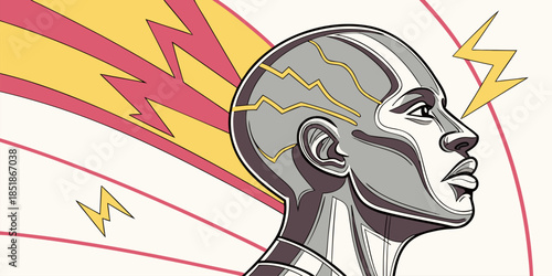 Futuristic android head profile with glowing internal circuits and dynamic energy burst illustration