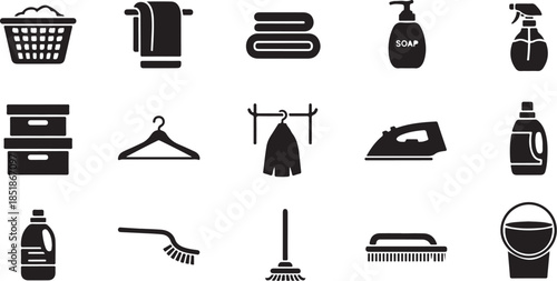 Household cleaning and laundry icon set