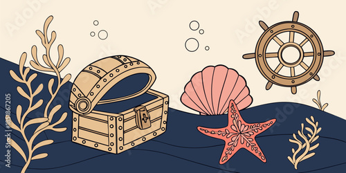 Open treasure chest illustration on the ocean floor with starfish shell and ship's wheel