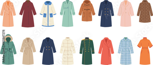 Stylish coat collection, seasonal outerwear, fashion variety, colorful designs, winter jackets, trendy styles, wardrobe options, vector apparel, flat illustration