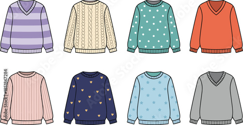 Sweater collection illustration, cozy fashion, colorful patterns, winter clothing, knitwear styles, wardrobe variety, casual tops, vector design, flat illustration