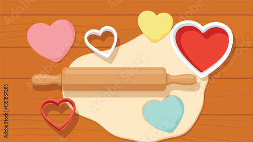 Colorful Heart-Shaped Cookies with Rolling Pin on Wooden Surface