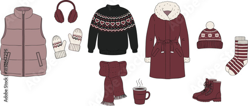 Winter clothing collection, cozy accessories, maroon color theme, seasonal fashion, warm outfit set, stylish layers, vector design, flat illustration