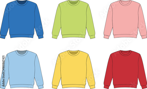 Colorful crewneck sweatshirts, flat design, solid colors, casual fashion, cozy tops, apparel variety, wardrobe options, vector illustration