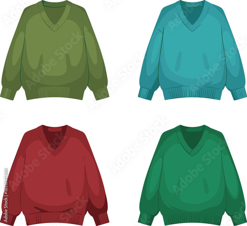 Colorful sweater collection, flat vector illustration, winter pullover clothing set, casual knitwear fashion design for cold season