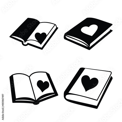 Heart books vector icon set. reading and romance concept symbols.