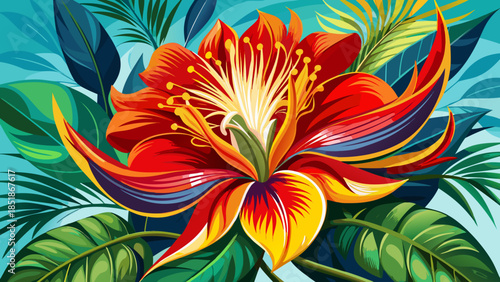 Very beautiful brilliant red and yellow Mexican bird of paradise flower, highlighting vibrant petals, tropical warmth, and striking natural contrast within an elegant botanical floral composition.