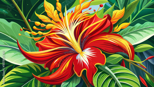 Very beautiful brilliant red and yellow Mexican bird of paradise flower, highlighting vibrant petals, tropical warmth, and striking natural contrast within an elegant botanical floral composition.