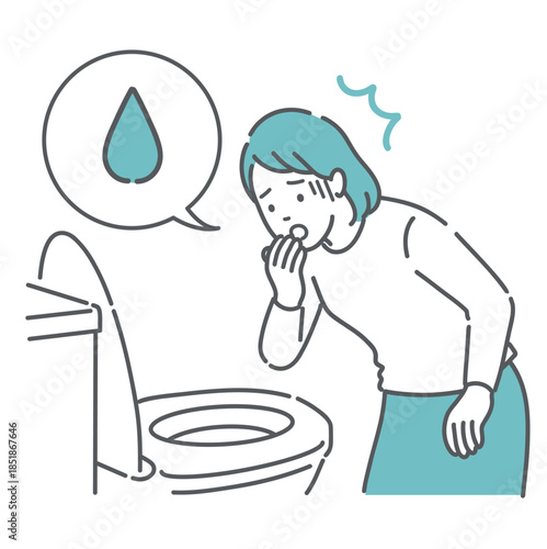 トイレで「血便・出血・不正出血」を確認して驚愕する女性のイラスト（吹き出し・婦人科・大腸がん）