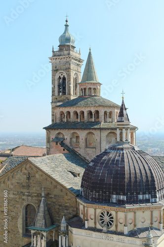 view on cupolas and towers of old city of Bergamo, Italy