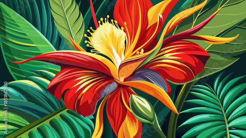 Very beautiful brilliant red and yellow Mexican bird of paradise flower, highlighting vibrant petals, tropical warmth, and striking natural contrast within an elegant botanical floral composition.