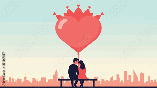 Romantic Couple Under Heart Balloon in Cityscape Illustration