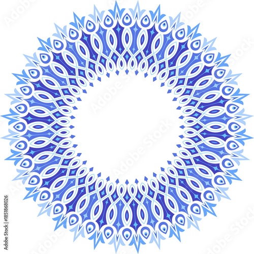Blue circular geometric mandala frame. Repeating eye-shaped motifs inspired by traditional protective symbol nazar. Border ornament with geometric petal-like and drop shapes. 