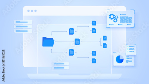 Document Management System DMS. Document management automation workflow diagram dashboard showing folder, document, analytics panel, automation panel and management system.