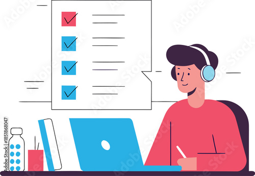 Online learning student working on laptop with checklist flat vector illustration