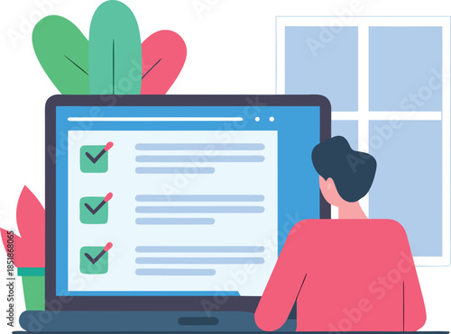 Person completing online checklist on laptop at home flat vector illustration